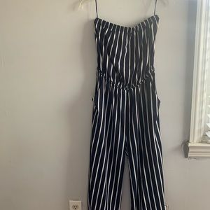 Blue and white striped strapless jumpsuit